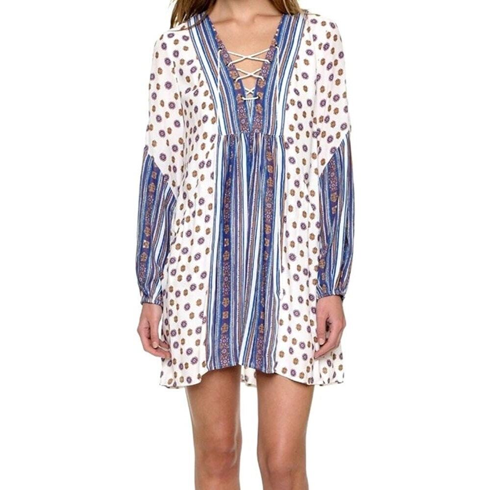 Free People Rain Shine Printed Lace-Up Swing Dress Floral Stripe Boho Mini Sz S